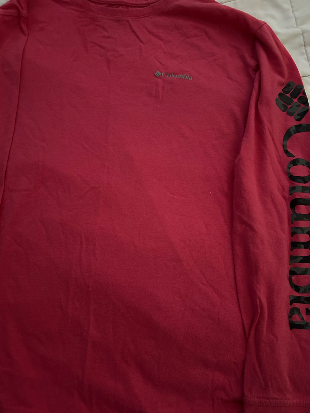Columbia Women’s Long Sleeve Red Tee with Black Sleeve Script